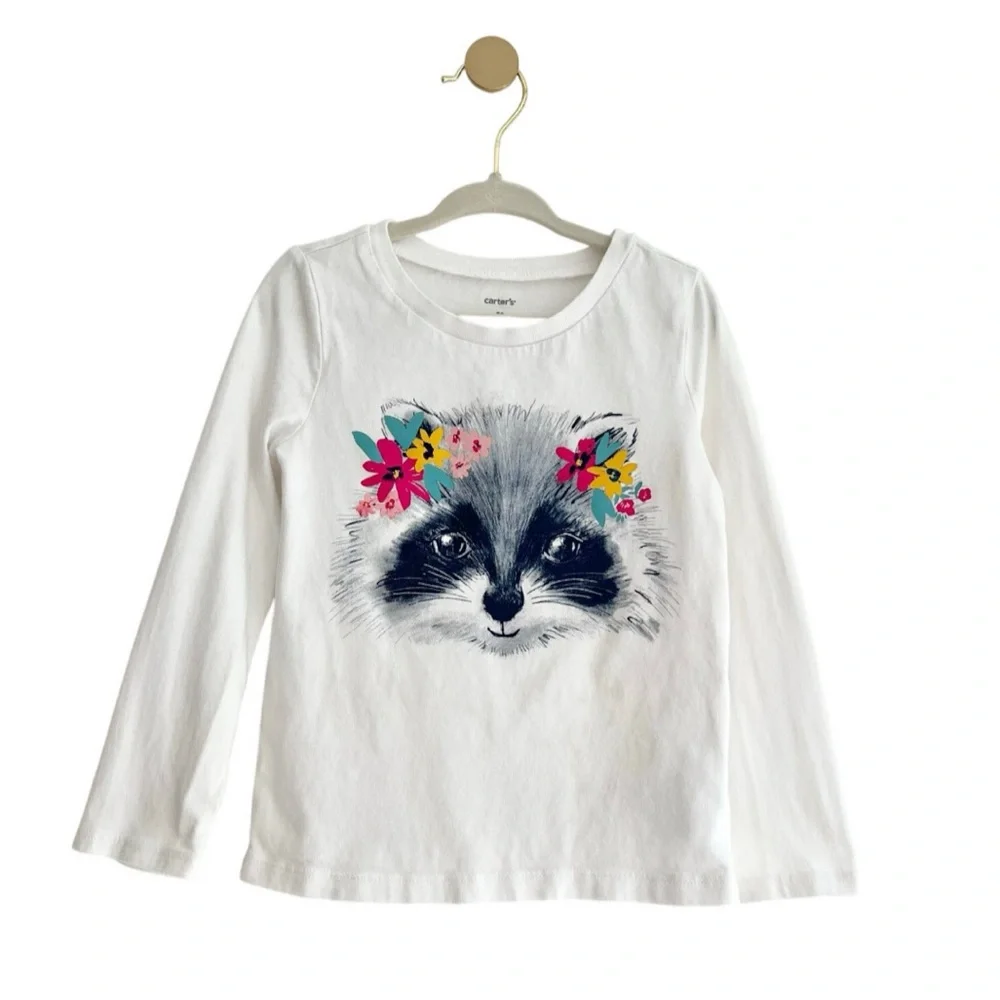 💫$4/ADD ON 💫 Carter's Kids White Long Sleeve Tee with Raccoon Design | Girls 4T